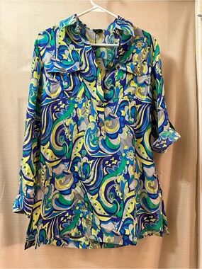 Viventy Bernd Berger 100% Silk Tunic Blouse Abstract Print Roll Tab Sleeve 36